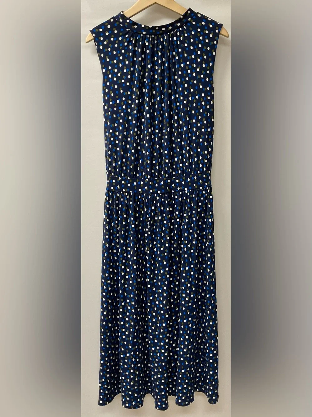 Brand New-Leota Women Blue Mindy Shirred Dot Mock-Neck Waist-Tie Midi Dress